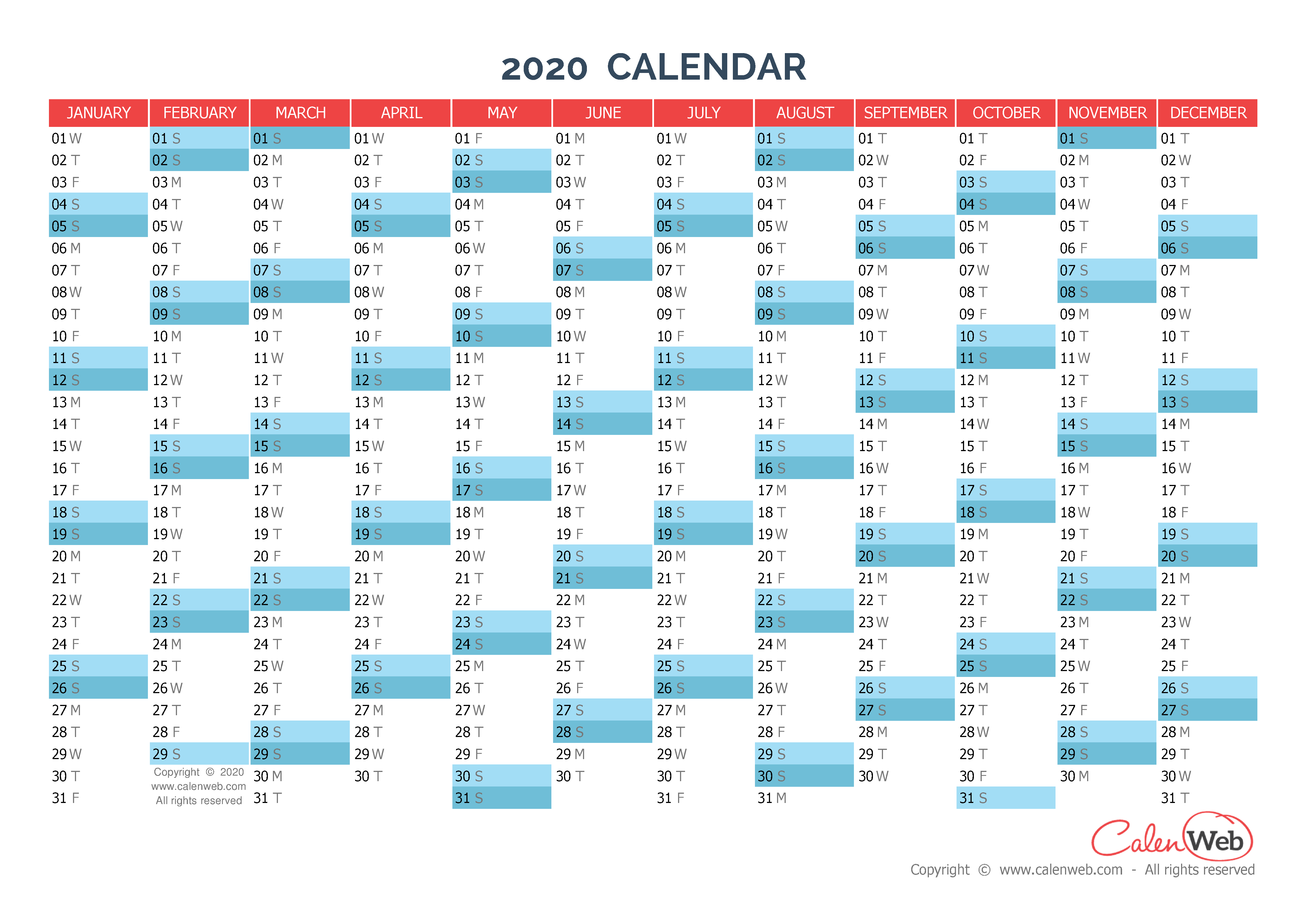 Yearly Calendar – Year 2020 Yearly Horizontal Planning