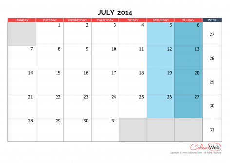 Monthly Calendar Month Of July 14 The Week Starts On Monday Calenweb Com