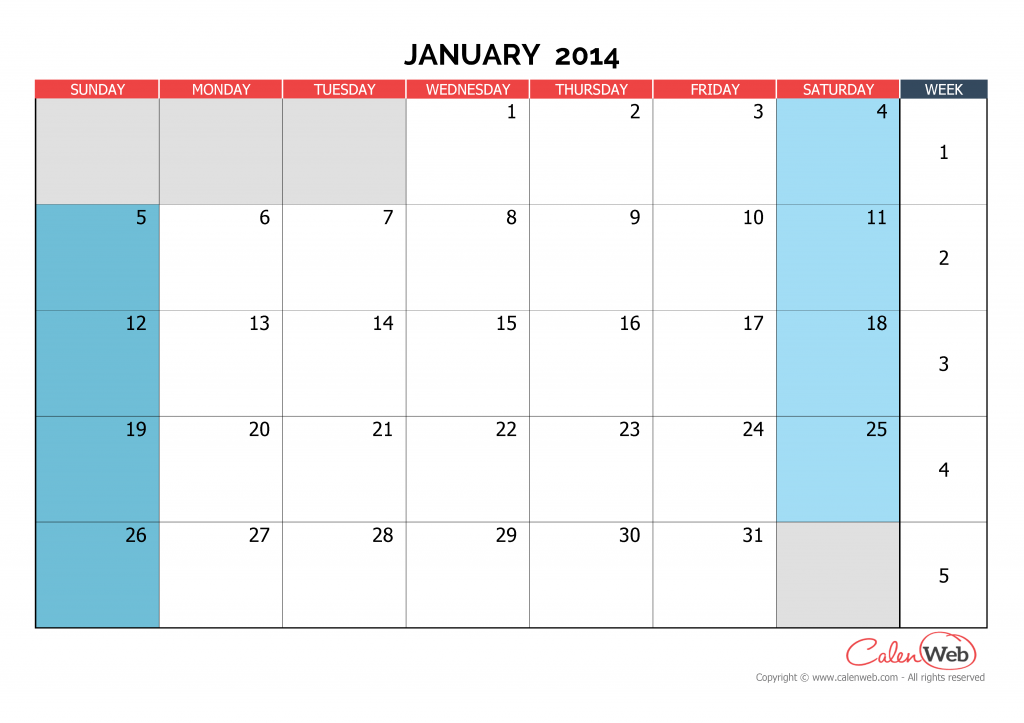 Monthly calendar - Month of January 2014 The week starts on Sunday ...