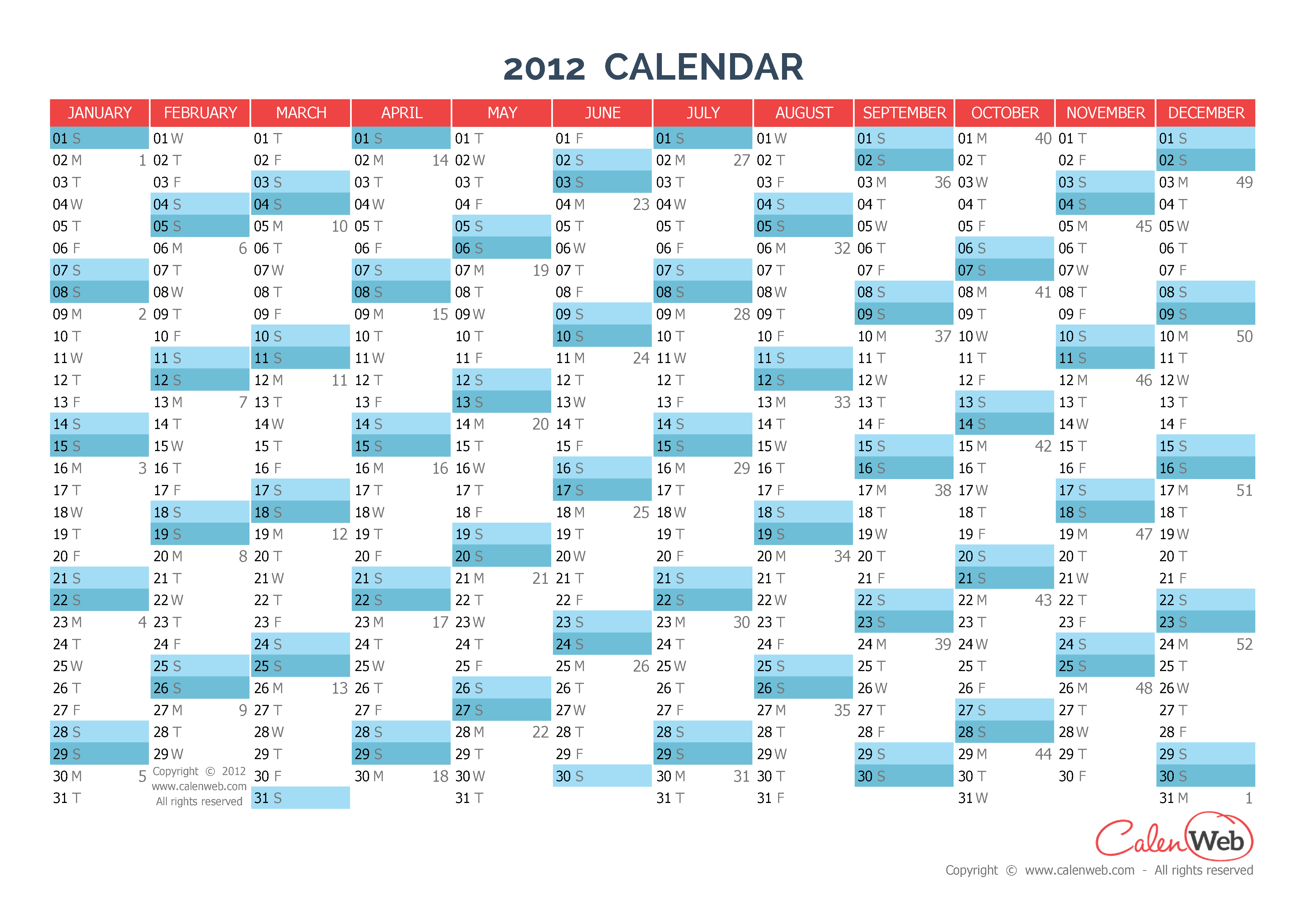 Yearly calendar Year 2012 Yearly horizontal planning Calenweb com