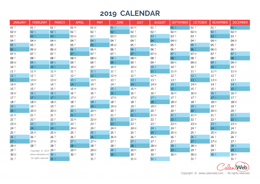 Yearly calendar – Year 2019 Yearly horizontal planning ...