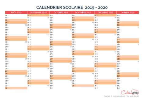 Calendrier Scolaire Semestriel 2019 2020 Version Vierge Calenweb Com