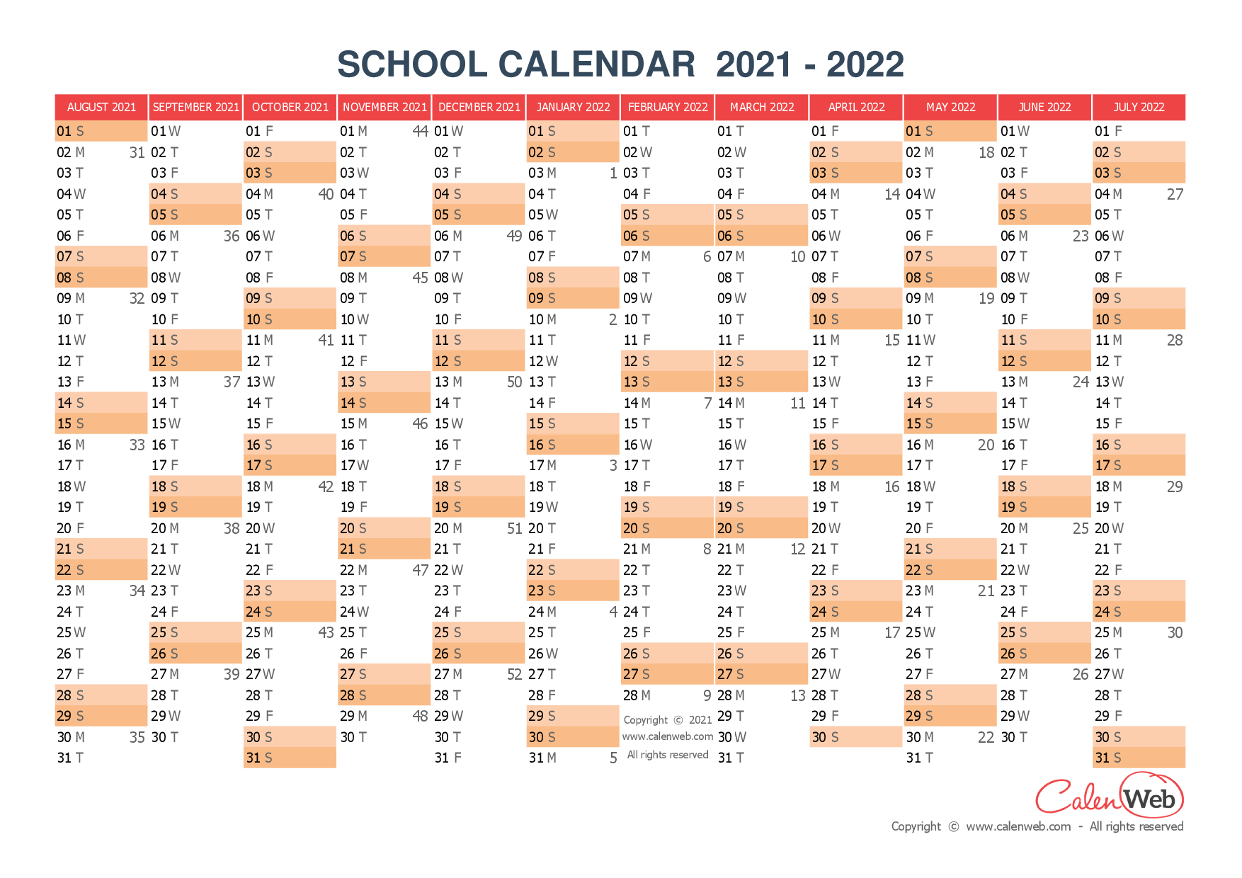 2021-2022 yearly school calendar Annual school calendar - Calenweb.com